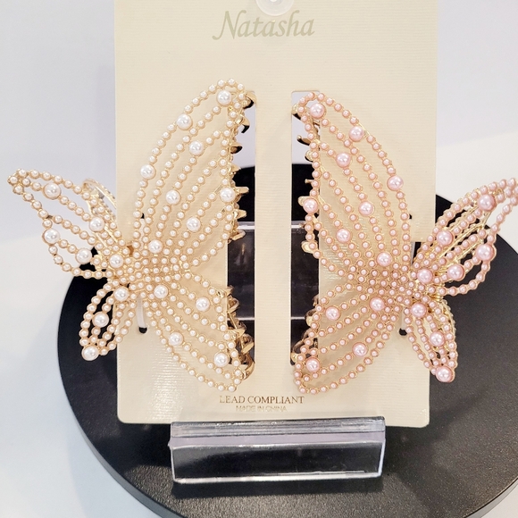 Natasha Pink and Cream Beaded Butterfly Claw Hair Clips - Picture 2 of 3